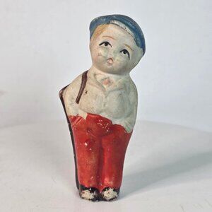 Occupied Japan Bisque Bellhop Doll Figurine With Blue Cap & Red Pants 4 Inches T